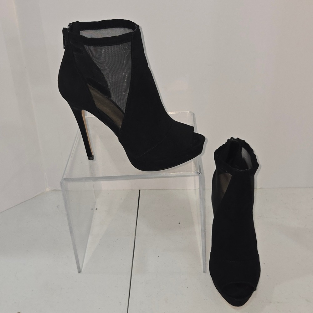 Aldo Black Suede Mesh Peep Toe Platform Stiletto Ankle Boots Booties Size 7.5
